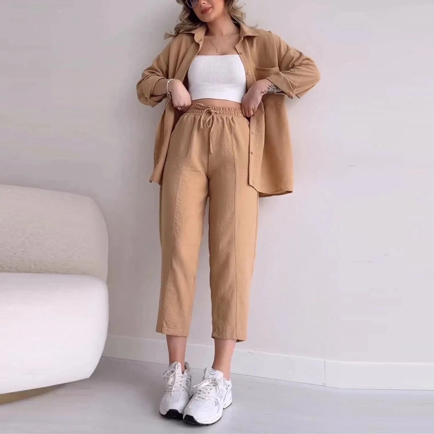 S / Khaki Stylish Casual Autumn Shirt High Waisted cropped trousers Suit Loose Casual Sports Women 2-piece Set