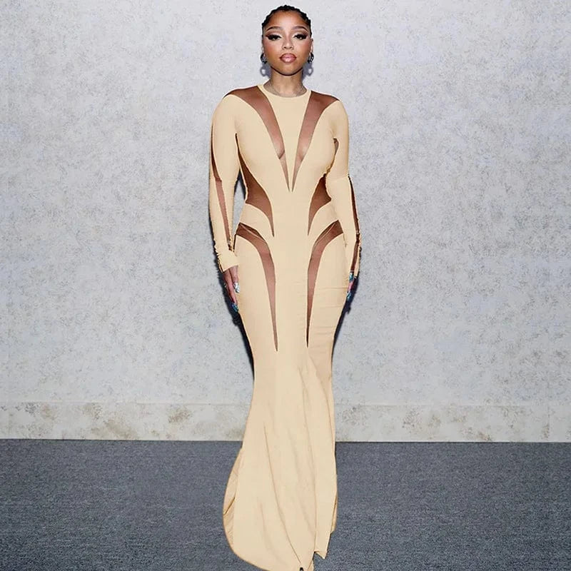 S / Khaki ZHEZHE 2024 New Arrivals Women Casual Slim Side Rhinestone Long Sleeve Slit Midi Dress Fashion Patchwork Maxi Dress