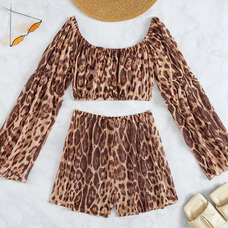 S / Leopard Off shoulder Cover Up Women Sexy Leopard Beach Cover Up Set Swimwear Long Sleeve Beachwear 2024 Mesh Summer Beach Outfits