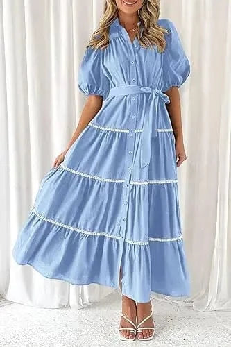 S / Light Blue Casual Loose Lace up Short Puff SLeeve Dresses for Summer Women's Dress 2024 New V-neck Solid High Waist Maxi Shirt Dress Woman