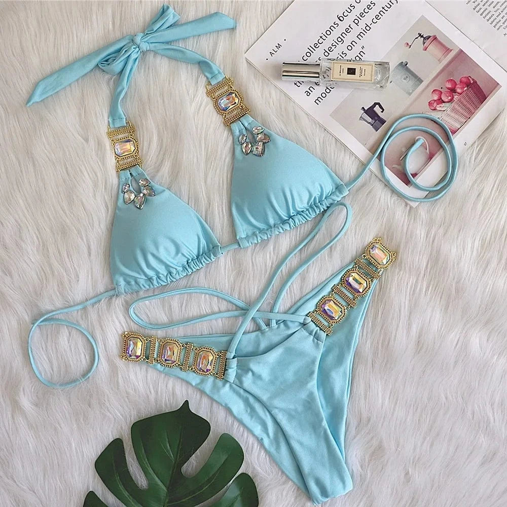 S / Light blue DAMOCHIC Crystal Luxury Bikini Push Up Diamond Thong Swimwear Halter Lace-Up Bandage Split Women Retro Rhinestone Swimsuit 2023