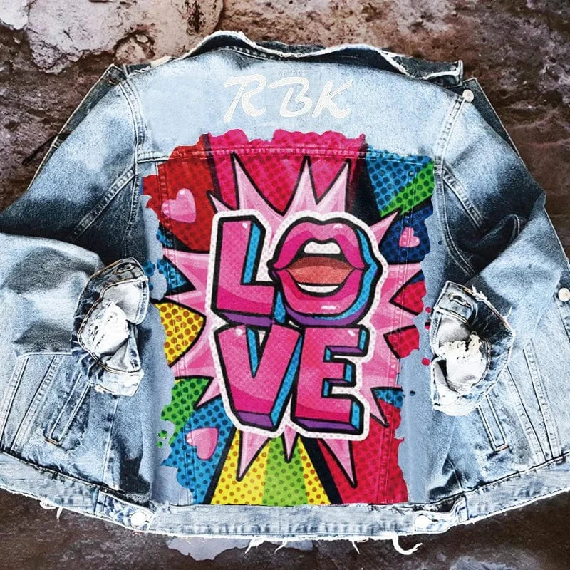 S / Light blue DAMOCHIC Letter Print Women Winter Coats Denim Casual Fall Jackets Tops Love Pattern Long Sleeves Pockets Jean Jacket for Ladies