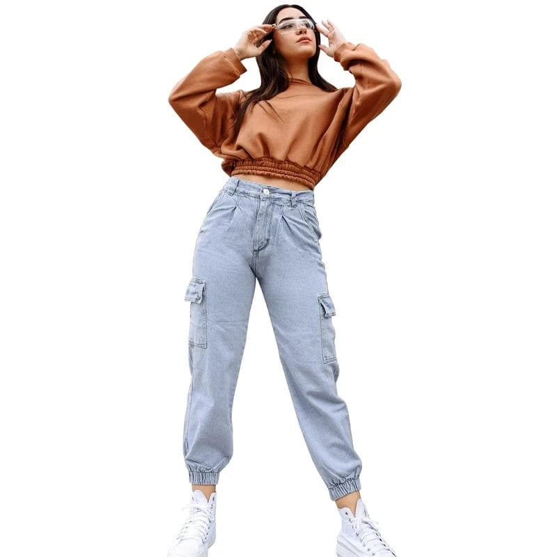 S / Light Blue High Waist Cargo Jogger Jeans