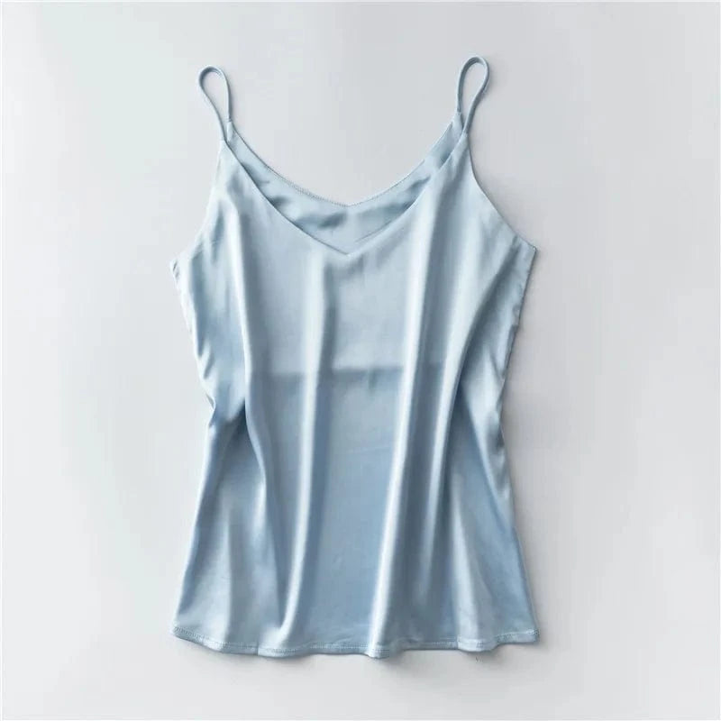 S / Light Blue Women Summer Silk-Like Satin Tank Top Camisole Ladies Bottoming Shirt Sexy V-Neck Plain Camis 2024