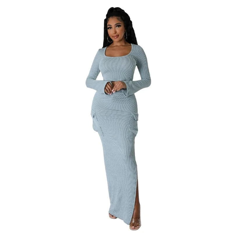 S / Light green women striped knit midi skirt and long sleeve square collar top 2 pc two piece set spring 2024 clothing clothes outfit for women