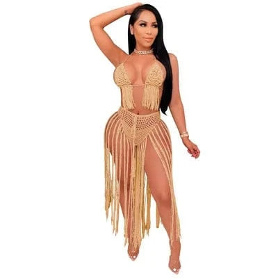S / light tan 2024 fashion sexy swimsuit beachwear tassel triangle bra two piece crochet bikini set