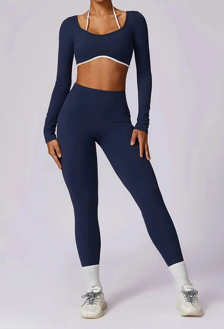 S / Long-sleeved top Dark blue 2024 Custom Women's Workout sets Bra for women Backless High Waist Long-sleeved top Women sportswear Leggings 2 Pieces Yoga set