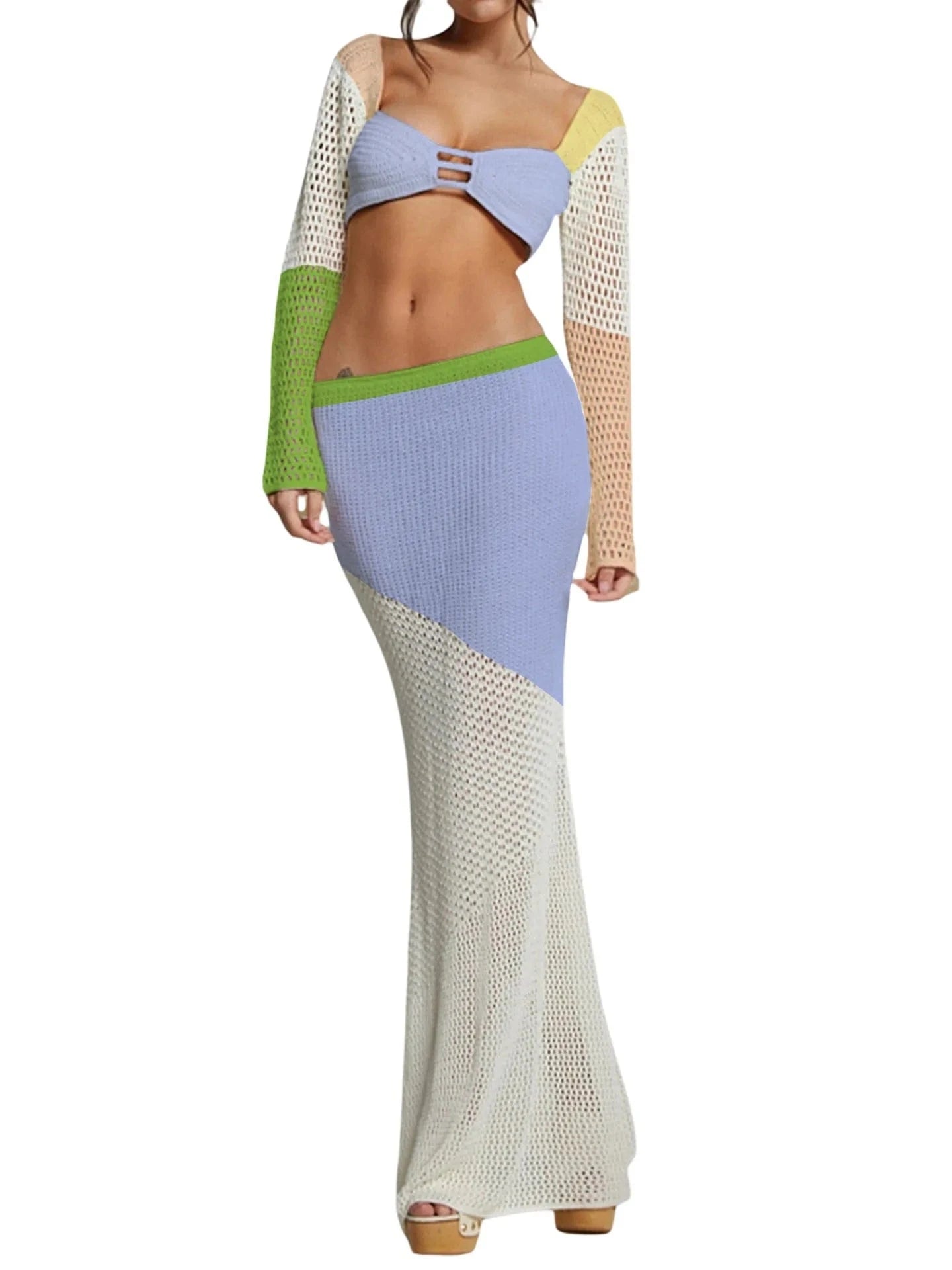 S / Multi GX20842 New 2024 Summer Unique Women Sexy Beach Wear Knitted See Through Outfit Long Sleeve Tank Top and Maxi Skirt 2 Piece Set