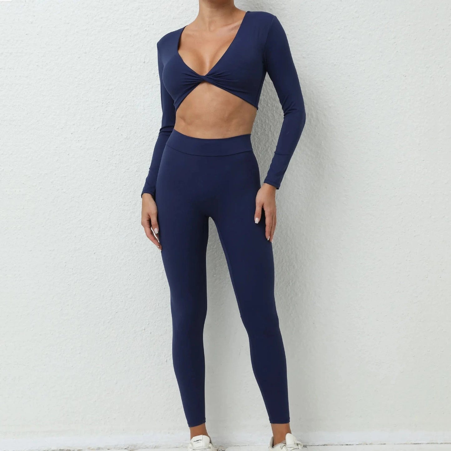 S / NAVY 2024 spring trendy usa quick dry gym fitness sets yoga v neck crop top two piece pants set