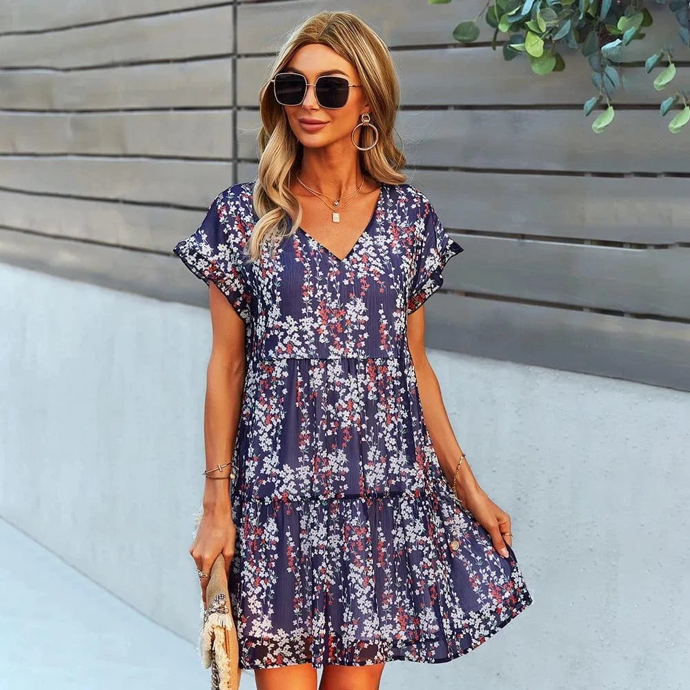S / NAVY 2024 women summer tunic dress v neck Printed casual Loose women Short Sleeve Chic Dress A Line Floral chiffon ruffle mini Dress