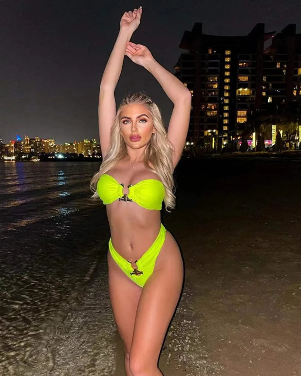 S / Neon green 2024 Sexy Brazilian Bikinis Set Hammered Trim Swimwear Women Metal Ring Swimsuit High Waist Swimming Suits for Bathing Suit