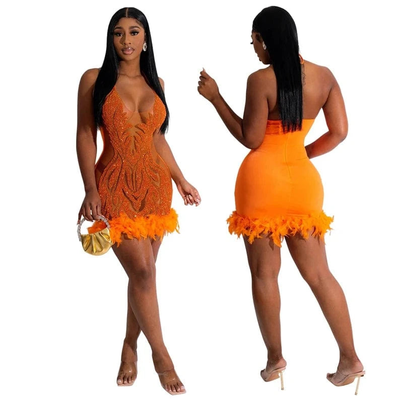 S / Orange 2024 new design elegant sexy ladies sequin feather delicate women halter neck backless evening party short mini dress for women