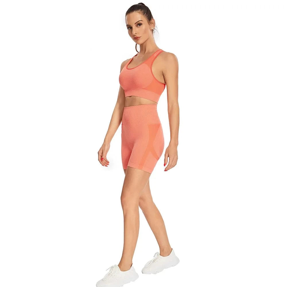 S / Orange 2024 new seamless knitting suit women's Sexy Sports short sleeve shorts Yoga suit
