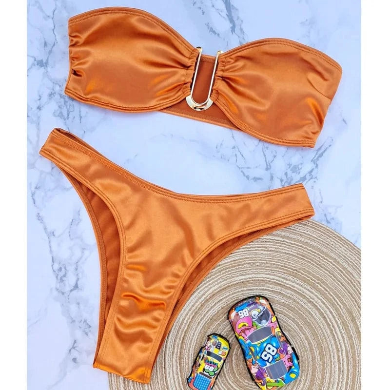 S / Orange 2024 Nwt U Ring Low Cut Bandeau Swimwear Bikini Sets High Cut Strapless Swimsuit Summer Beach Bahing Suit