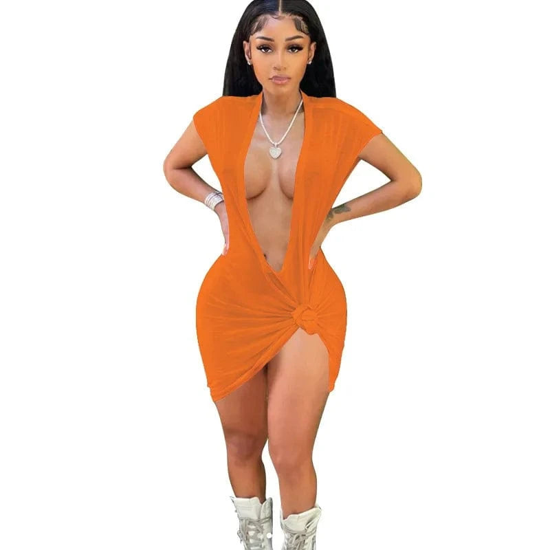 S / Orange Bomblook C129DS Sexy Outfits Solid Women Party Club Dresses Short Sleeve Deep V Neck Mini Knotted Elegant Dress