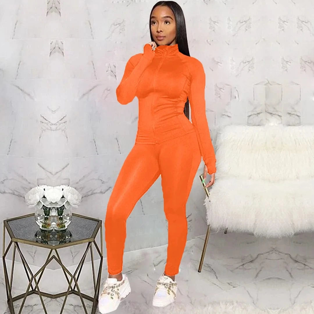 S / Orange Custom Logo Tracksuit Dropshipping Polyester Slim Fit Zipper Jogging Track Suit Plain Athletic Wear 2 Piece Sweat Suit For Women