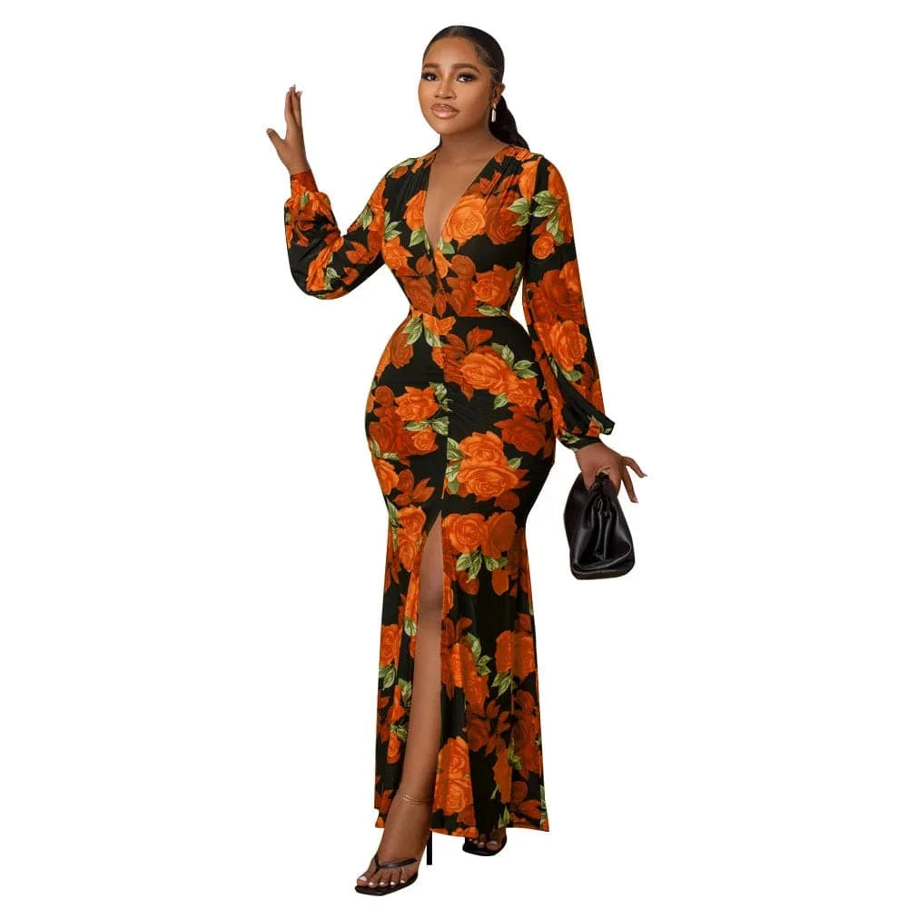 S / Orange elegant dress 2024 Fashionable Casual Floral Pattern Print Women's Clothing Temperament Loose maxi dress