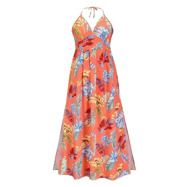 S / Orange Floral Beach Dresses Wholesale Ladies Summer Longue Robe Plage Sans Manche Hot Sexy Halter Beach Suspender Maxi Long Dresses With Slits