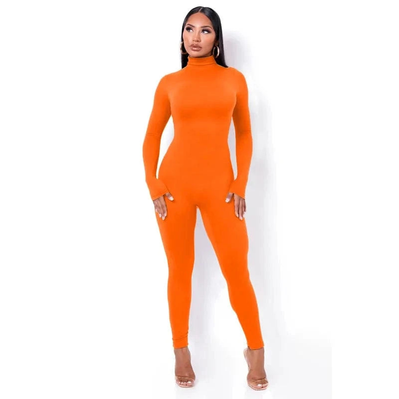 S / Orange Hot Sale Long Sleeve Jumpsuits Women Sports Wear One Piece Bodysuits Slim Fit Tight Jumpsuit for Women Playsuits