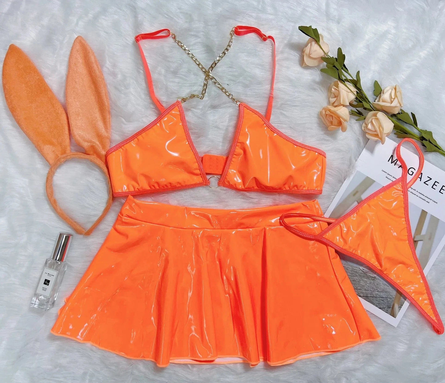 S / Orange New Arrivals Bra Set Sexy Underwear Solid Color PU Leather Uniform Rabbit Ear Headband Sexy Two Piece Set Metal Chain Nightclub
