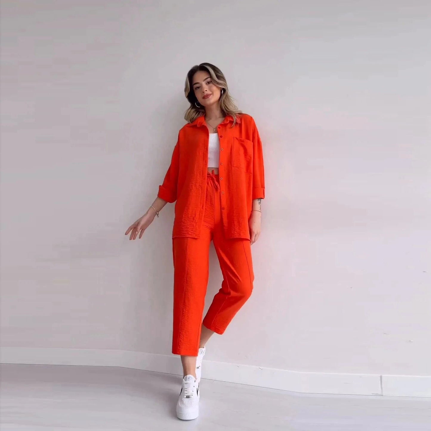 S / Orange Stylish Casual Autumn Shirt High Waisted cropped trousers Suit Loose Casual Sports Women 2-piece Set