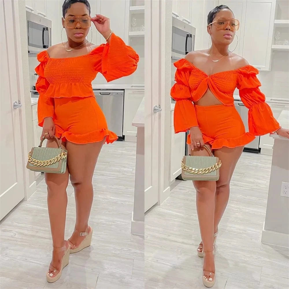 S / Orange Top Selling Trending Products 2023 New Arrivals 2 Piece Shorts Set Crop Tops for Women Puff Sleeve Cute Women Shorts Set Street