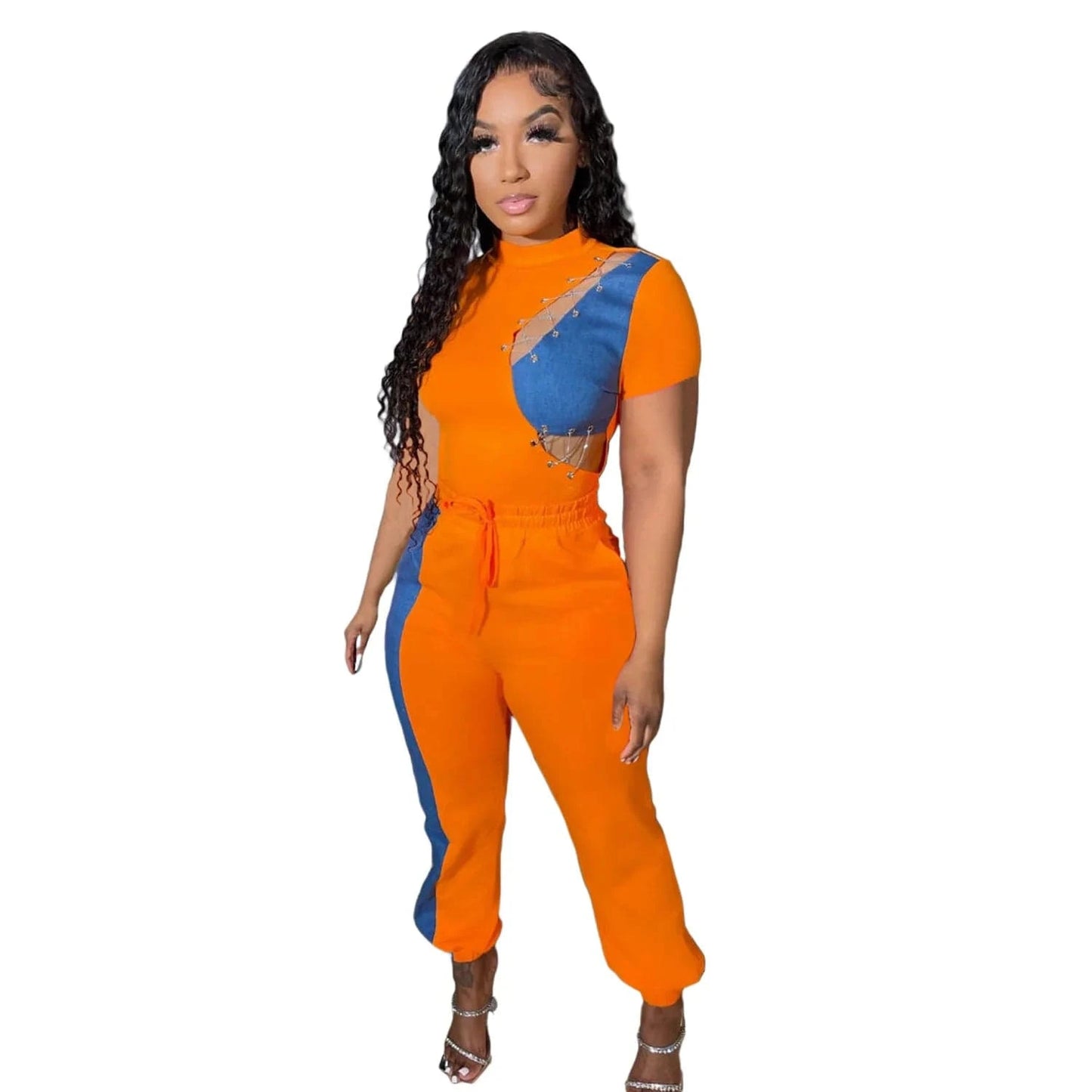 S / Orange Women Going Out Outfits Spring Patchwork Jeans 2 Piece Pants Set Women Set Hollow Out Two  Piece Women