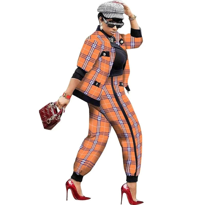 S / Orange women luxury tweed fabric plaid 2 piece plaid blazer jacket coat and long pants set two piece women fall 2024 clothes for women