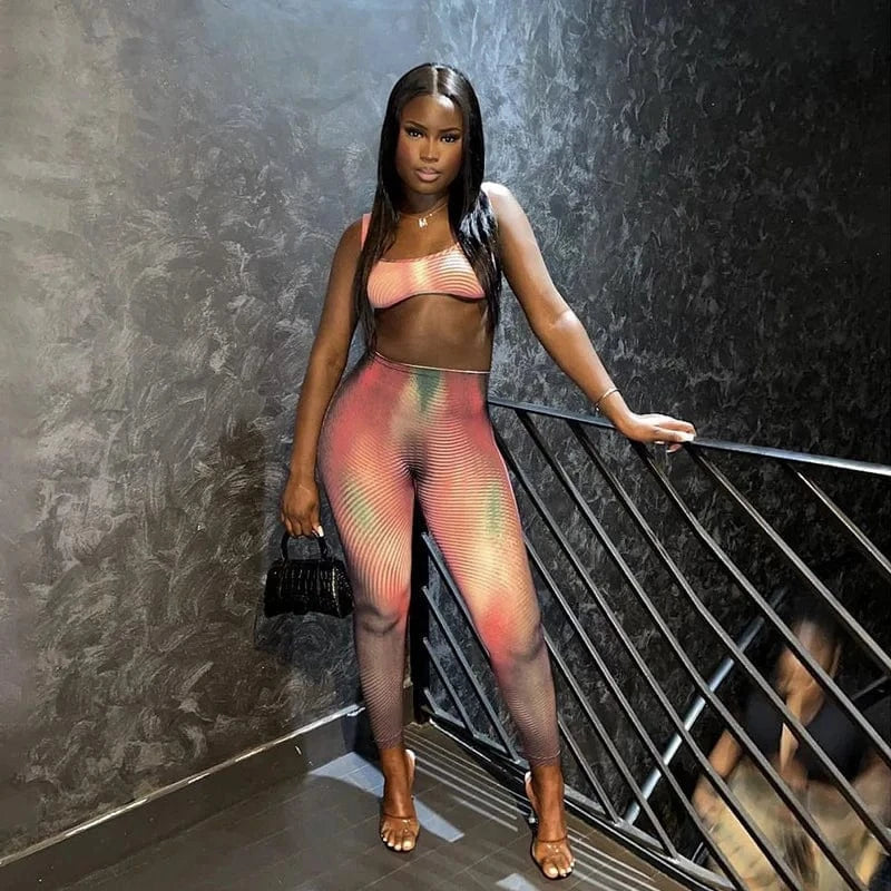 S / Oranged red Bomblook C226ST Sexy Summer Sportswear Two Piece Set With Striped Women Tank Top Sets Women Two Piece Pant Set