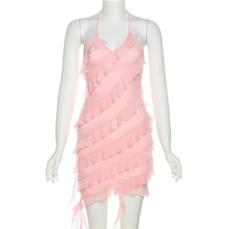 S / Pink 2024 boutique summer woman clothes elegant evening ruffles ladies sexy midi dresses