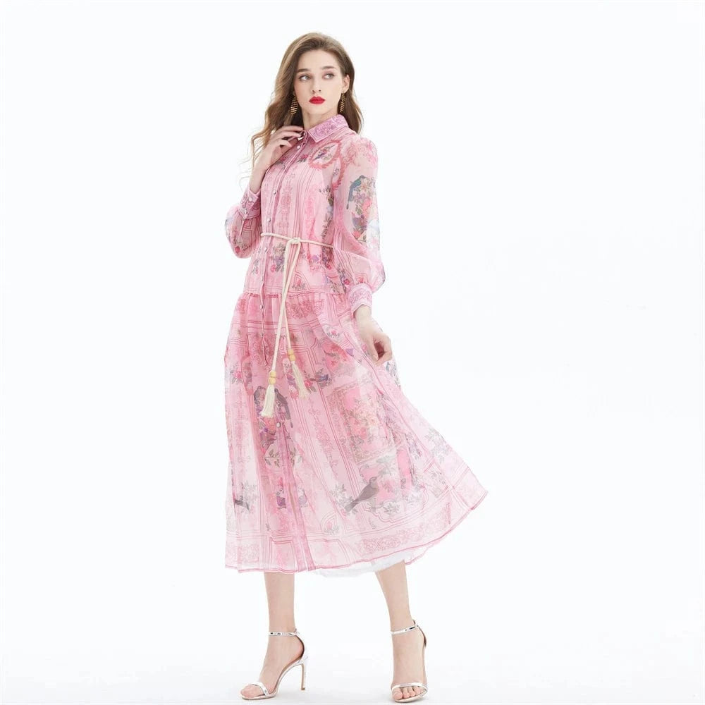 S / Pink 2024 Ethnic Style Retro Style Shirt Collar Lover Silk Print Waist Collection - Two Piece Set XY2029085