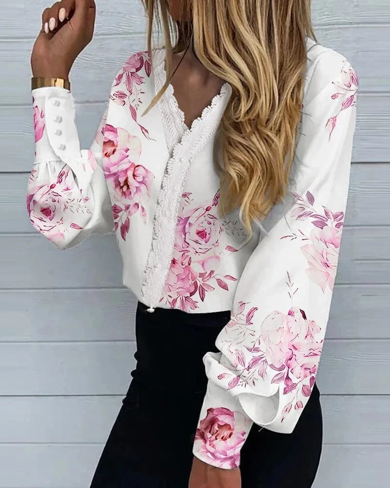 S / Pink 2024 Europe and the United States Spring and Summer New Women's Fashion Printed lace Casual Shirt