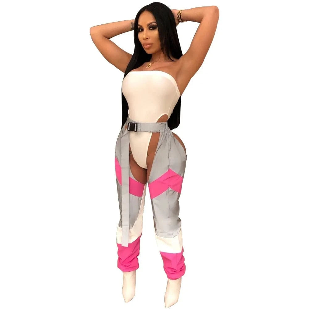 S / Pink 2024 New Jogger Sports Pants Reflective Loose Windbreaker Pants Casual Women Pants  Casual Stitching  Women's Trousers