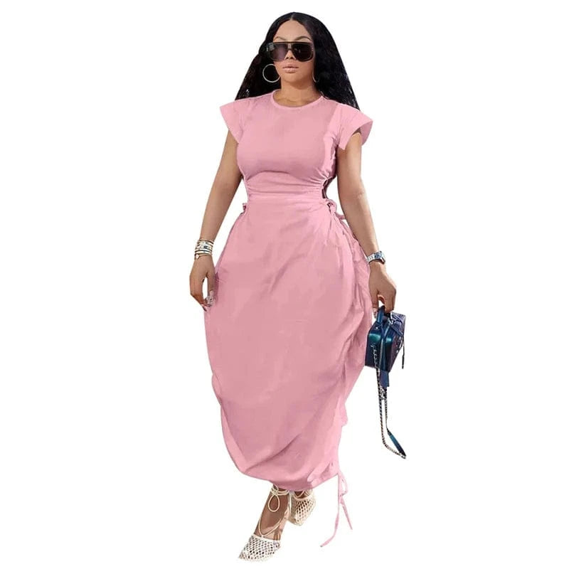 S / Pink 2024 summer women modest free chic casual lounge short sleeve solid color maxi long plain tee t dress for women ladies long
