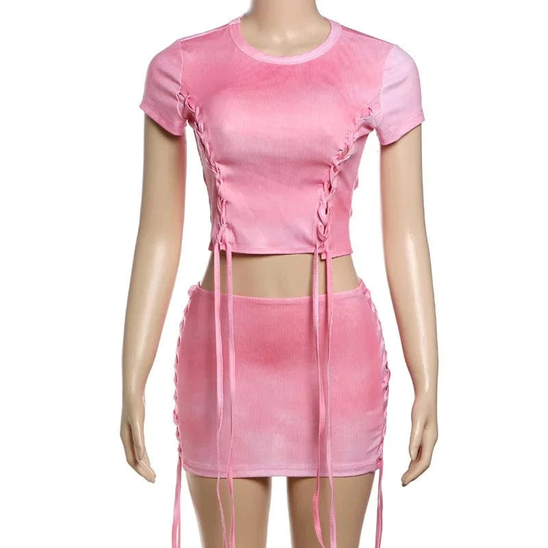 S / Pink 2024 trendy boutique dropshipping usa size cute pink fashion 2 piece skirt set for women