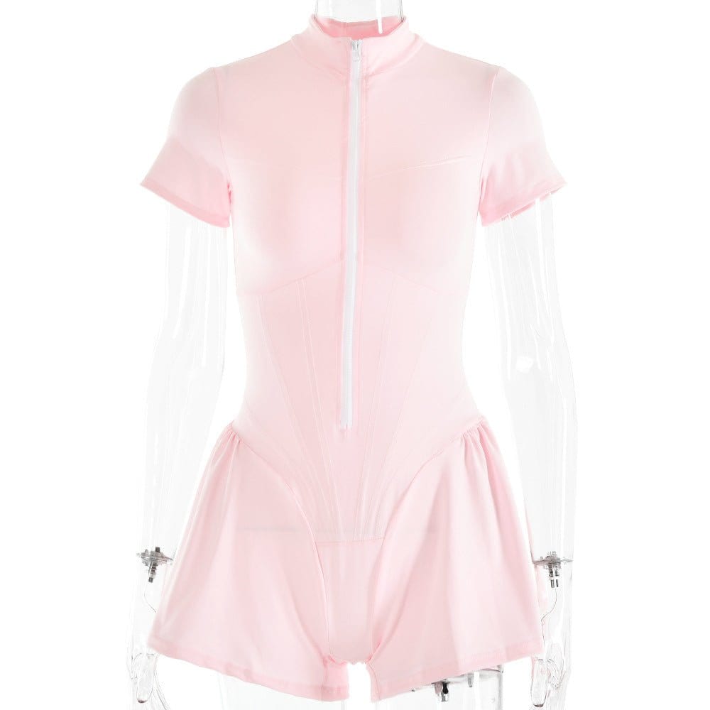 S / Pink 35876 Fashion Zip Romper Street Wear One Piece Jumpsuit Women