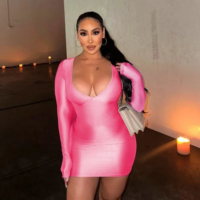 S / Pink 39033 Low Collar Wrap Dress Party Night Club Long Sleeve Solid Color Dresses Boutique