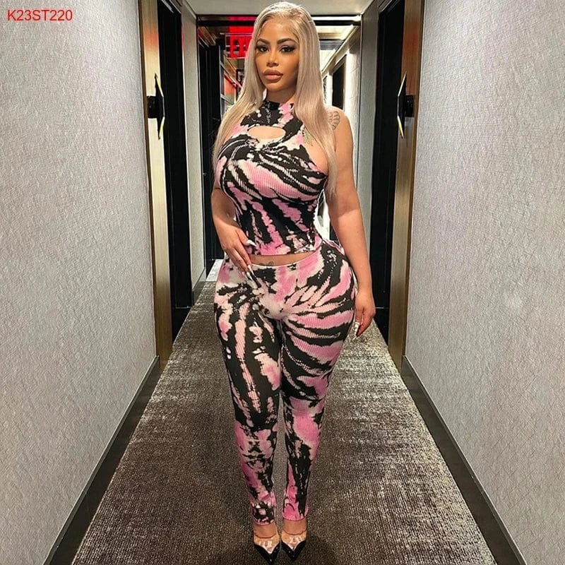 S / Pink Bomblook K23ST220 Print Sleeveless Halter 2 Piece Set Women Pants Sets For Women Two Pieces Women Two Piece Set Summer 2024