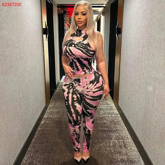 S / Pink Bomblook K23ST220 Print Sleeveless Halter 2 Piece Set Women Pants Sets For Women Two Pieces Women Two Piece Set Summer 2024