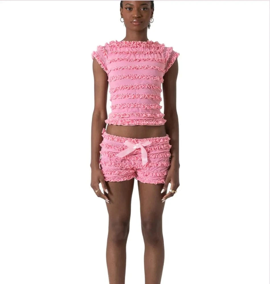 S / Pink Bomblook Z802ST Sweet Spice Girl Wooden Ear Side Hollow Out Strappy Camisole Tank Top Women Summer Lace Pom Shorts 2 Piece
