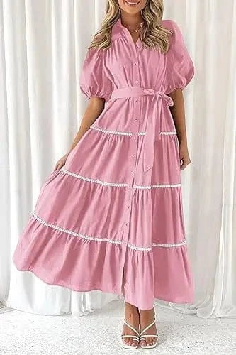 S / Pink Casual Loose Lace up Short Puff SLeeve Dresses for Summer Women's Dress 2024 New V-neck Solid High Waist Maxi Shirt Dress Woman