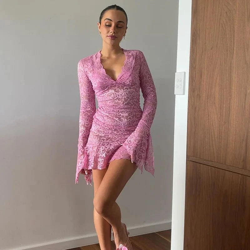 S / Pink Dress latest dress designs new sexy v neck lace girls sexy dress wholesale long sleeve transparent casual evening dress