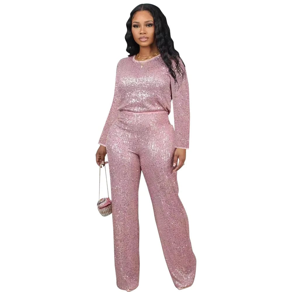S / Pink Fall 2024 Fashion Sequin Women Sets Long Sleeve T-Shirt and Wide Leg Dressy Pants Suit Ladies Party Two 2 Piece Formal Outfits