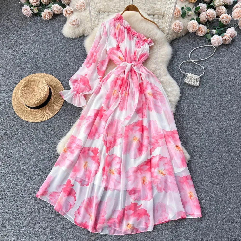 S / Pink Fashion Floral Maxi Dress Women Summer One Shoulder Puff Sleeve Sun Beach Chiffon Casual Long Dresses Women 2023