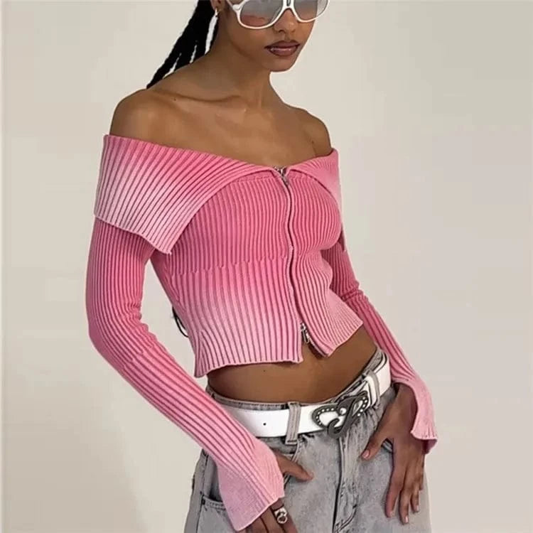 S / Pink Gradient Print Long Sleeve Cardigan Crop Top for Women Off Shoulder Knitted Ribbed Zip Up Sweaters