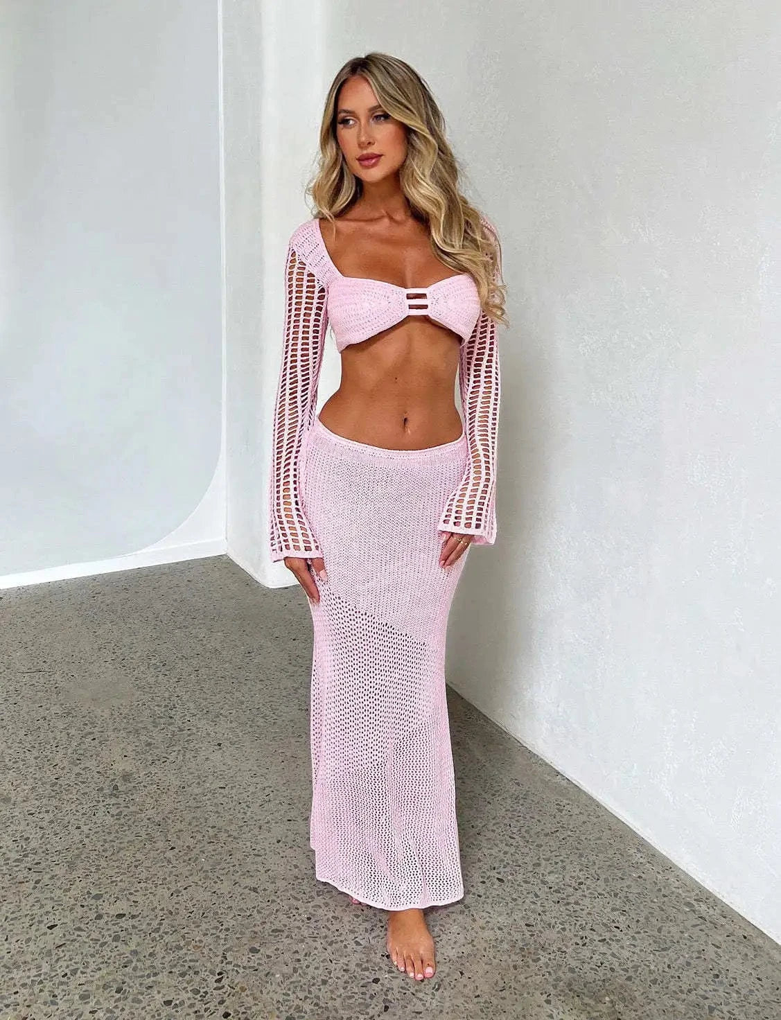 S / Pink GX20842 New 2024 Summer Unique Women Sexy Beach Wear Knitted See Through Outfit Long Sleeve Tank Top and Maxi Skirt 2 Piece Set