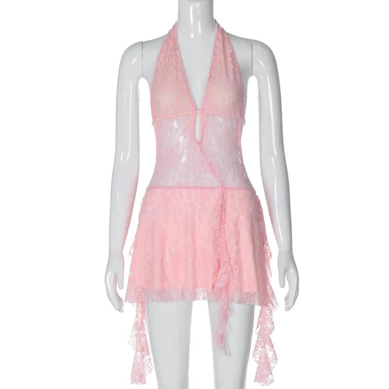 S / Pink Liu Ming Elegant 2024 New Products Women Sexy Y2K Deep V Neck Backless Party Night Lace Birthday Short Dresses