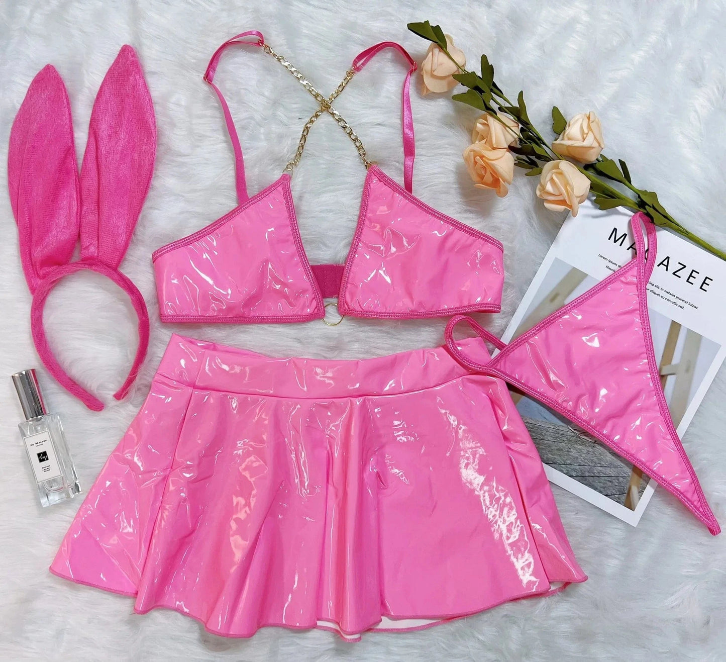 S / Pink New Arrivals Bra Set Sexy Underwear Solid Color PU Leather Uniform Rabbit Ear Headband Sexy Two Piece Set Metal Chain Nightclub