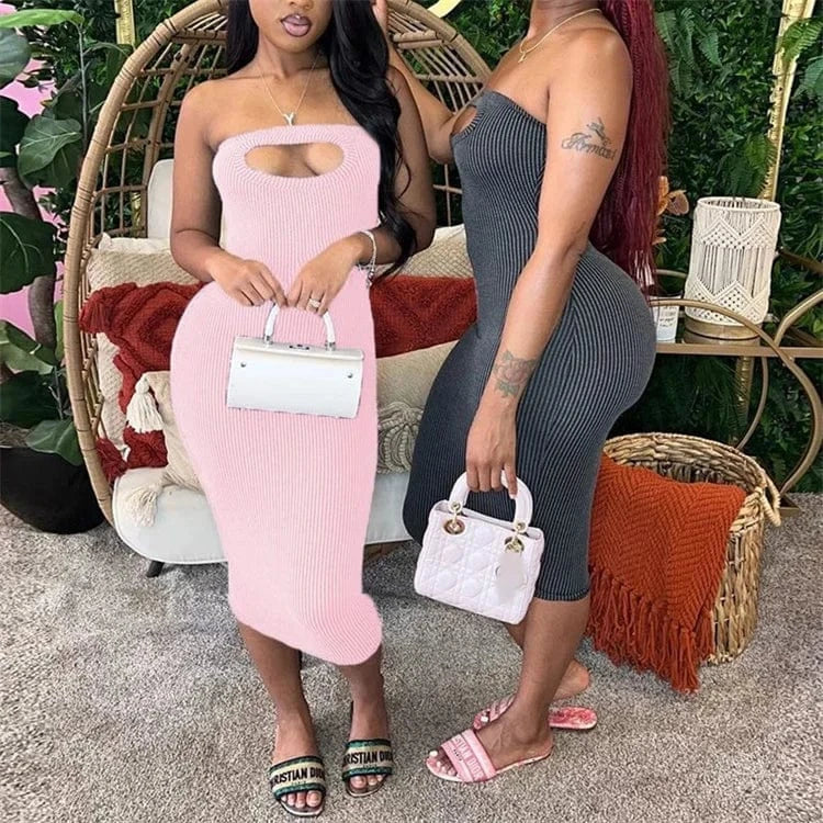 S / Pink Sexy Y2K Ribber Solid Hollow Out Bodycon Tube Dresses Women Off Shoulder Sleeveless Backless Slim Dress