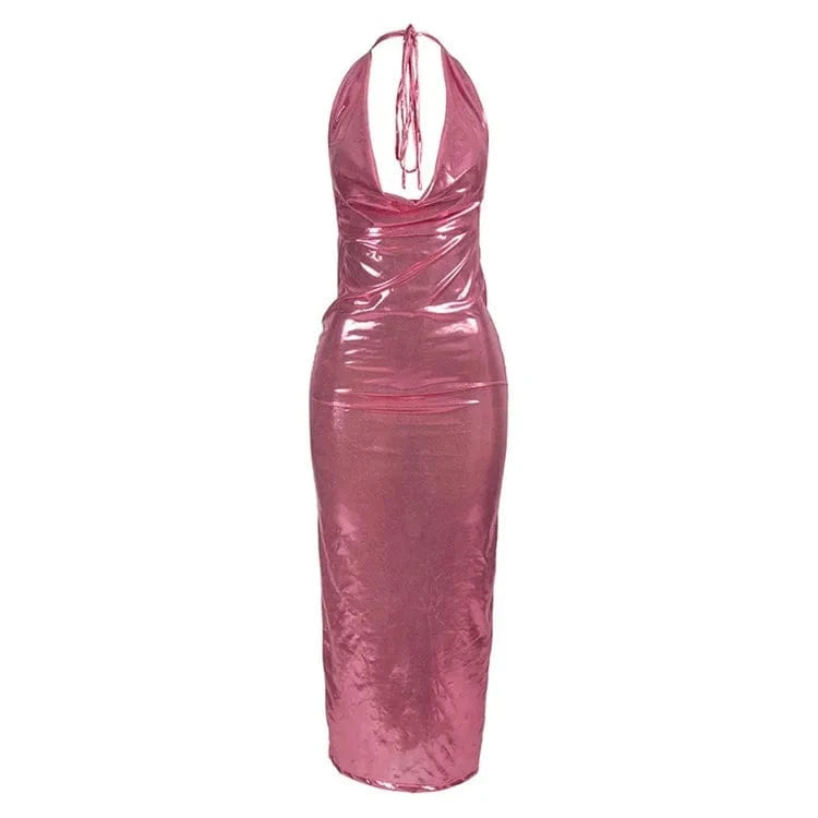 S / Pink Shiny Long Dresses For Women Fashion Halter Neck Backless Party Dress